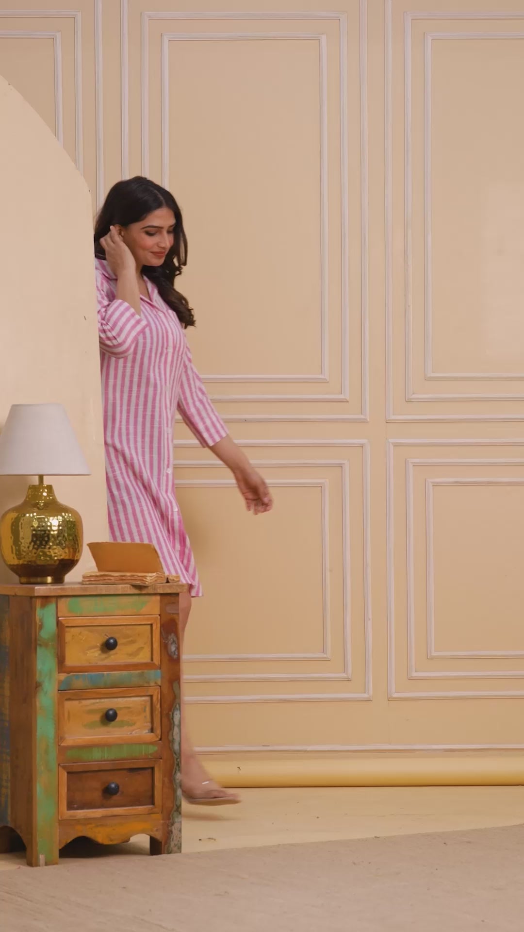 Pink Striped Linen Short Kurti Dress